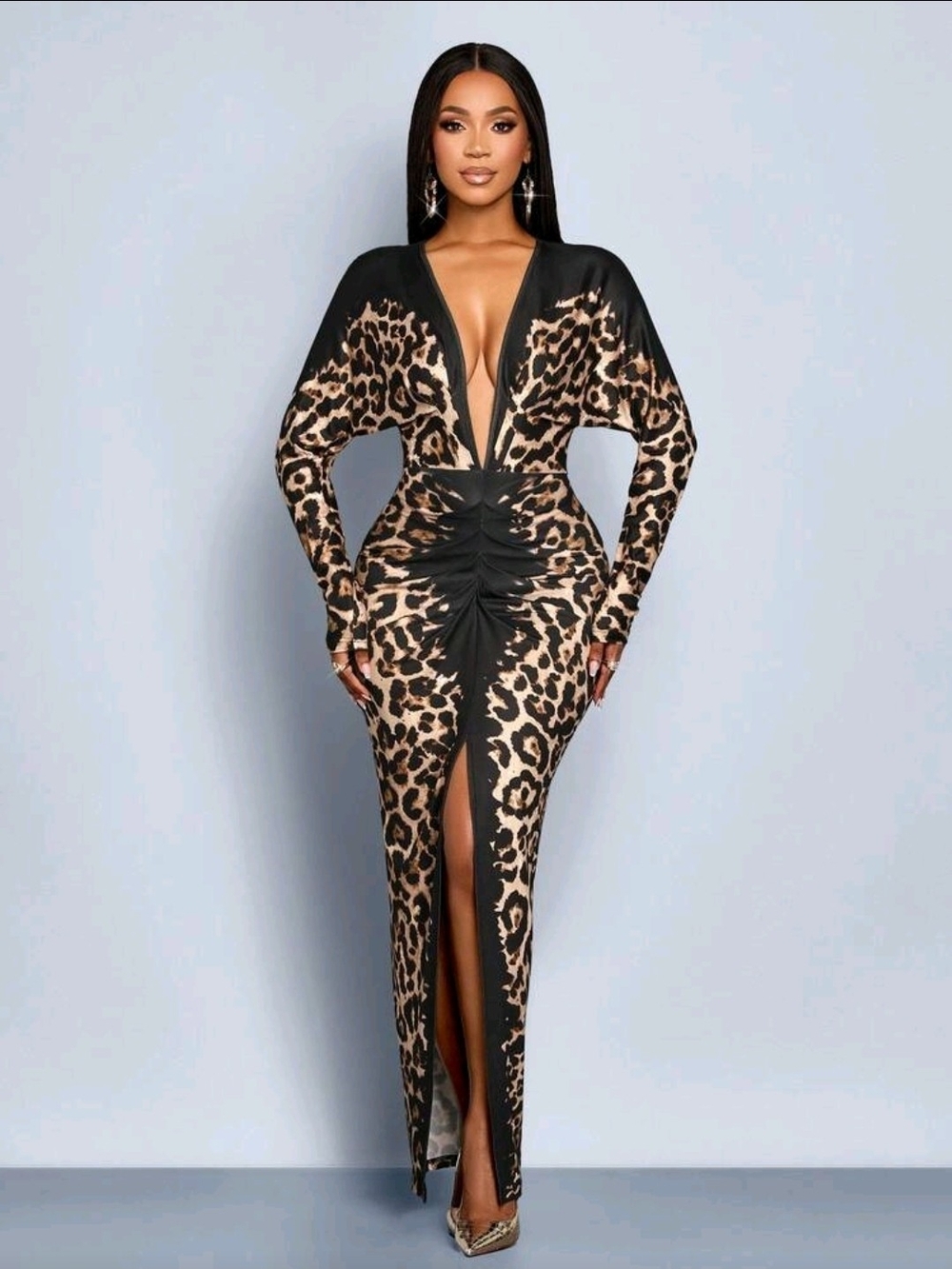 SHEIN Black and Tan Leopard Print Plunging Maxi Dress